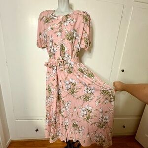 Vintage 80s/90s Carol Anderson Pink White Floral Midi Shirt Dress with Belt